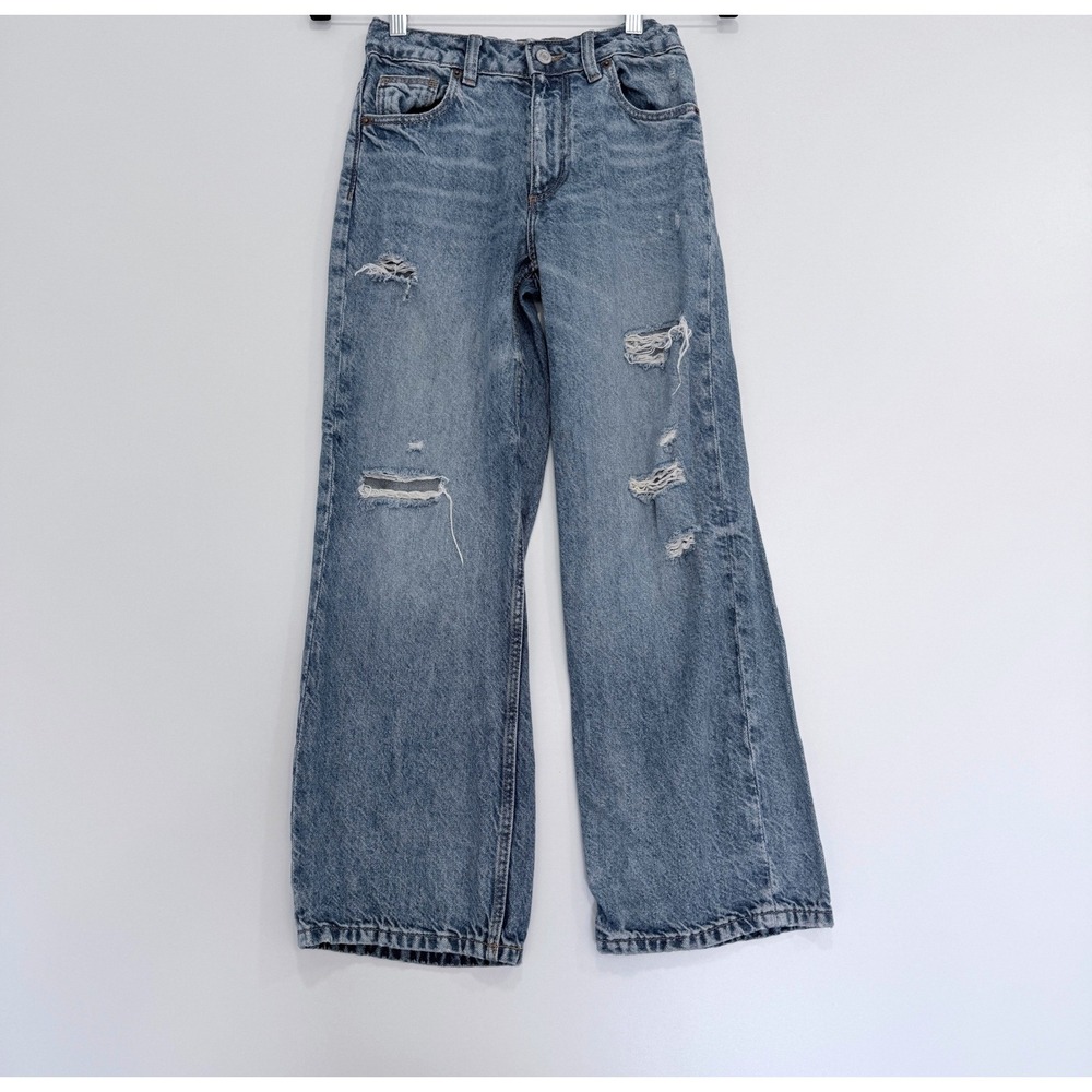 Zara Kids Jeans Girls 9-10 140 Light Wash Distressed Baggy Straight Leg Denim